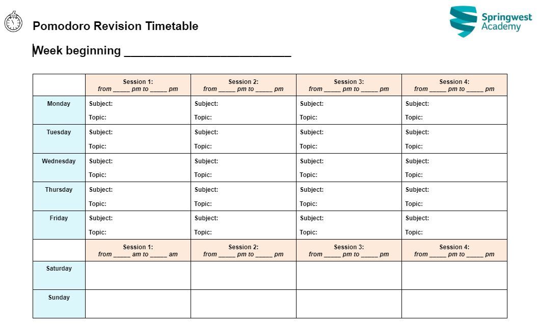 Pomodoro Revision Timetable 1